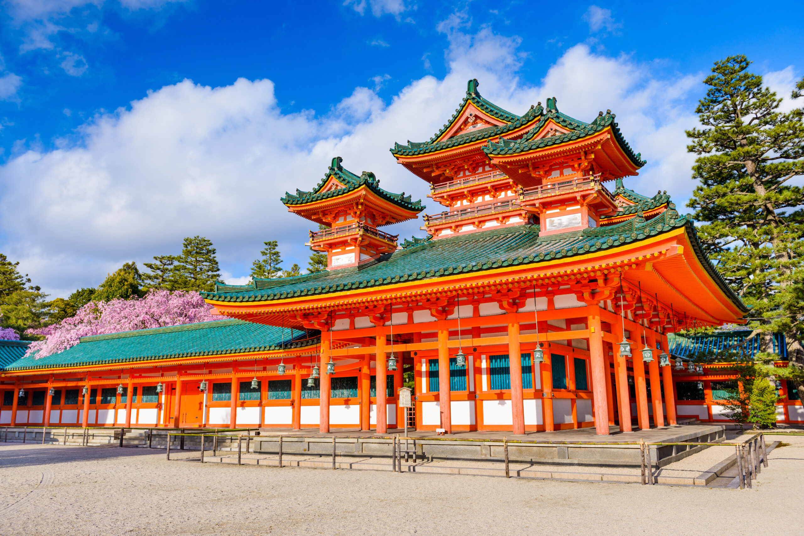 Kyoto, Japan - April 4, 2014: Heian Shrine during spring. The shrine was built in 1895 for the 1,100th anniversary of the establishment of Kyoto.