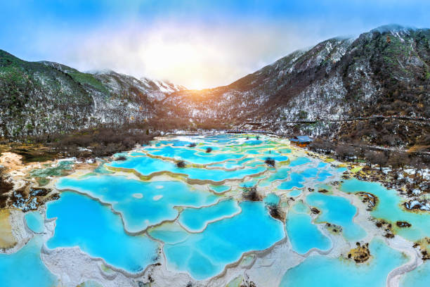 Aerial shots of Huanglong national park, China.